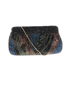 Vintage Beaded Black Multi-Color Evening Clutch with Chain Strap
